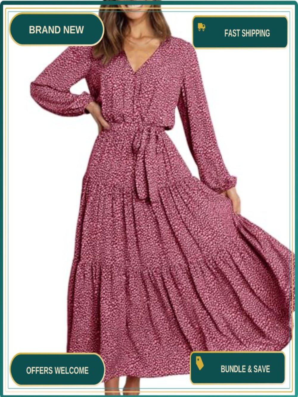 Womens Long Sleeve Boho Floral Wrap Maxi Dress V-Neck Tie Waist